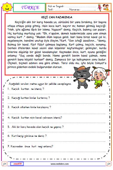 3. Sınıf Türkçe Okuma ve Anlama Etkinliği ( Keçi Can Pazarında )